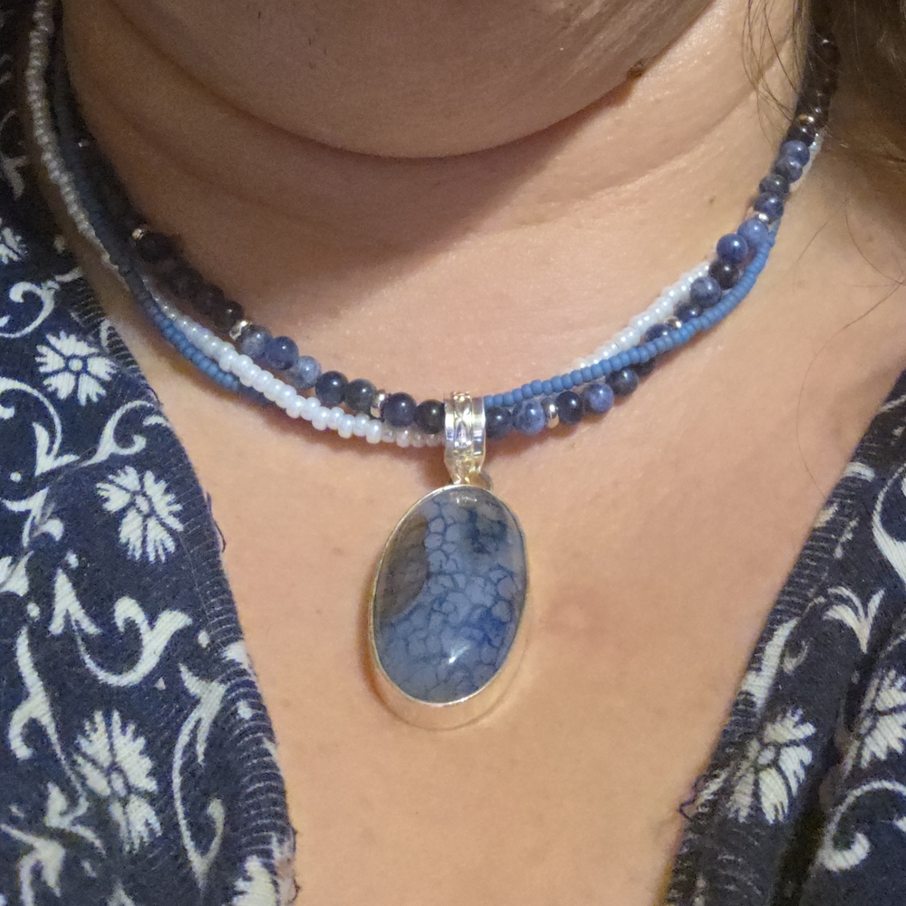 Blue Snakeskin Agate Pendant Necklace - Elegant Women's Jewelry